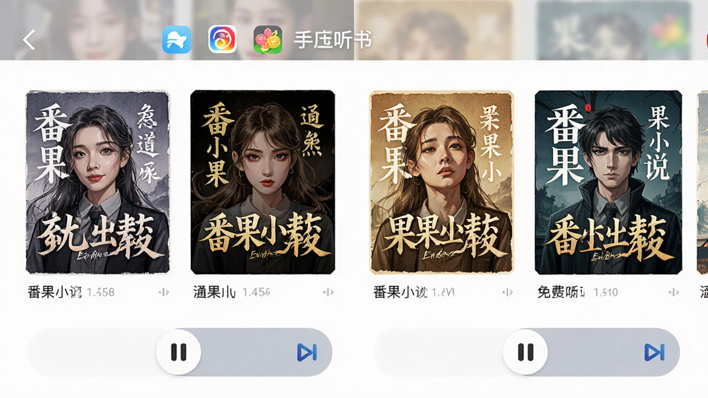 番果小说免费听 手机听书APP界面 主页面展示热门小说封面与播放按钮 简洁清爽风格 竖版手机屏幕 高清画质 干净无多余元素