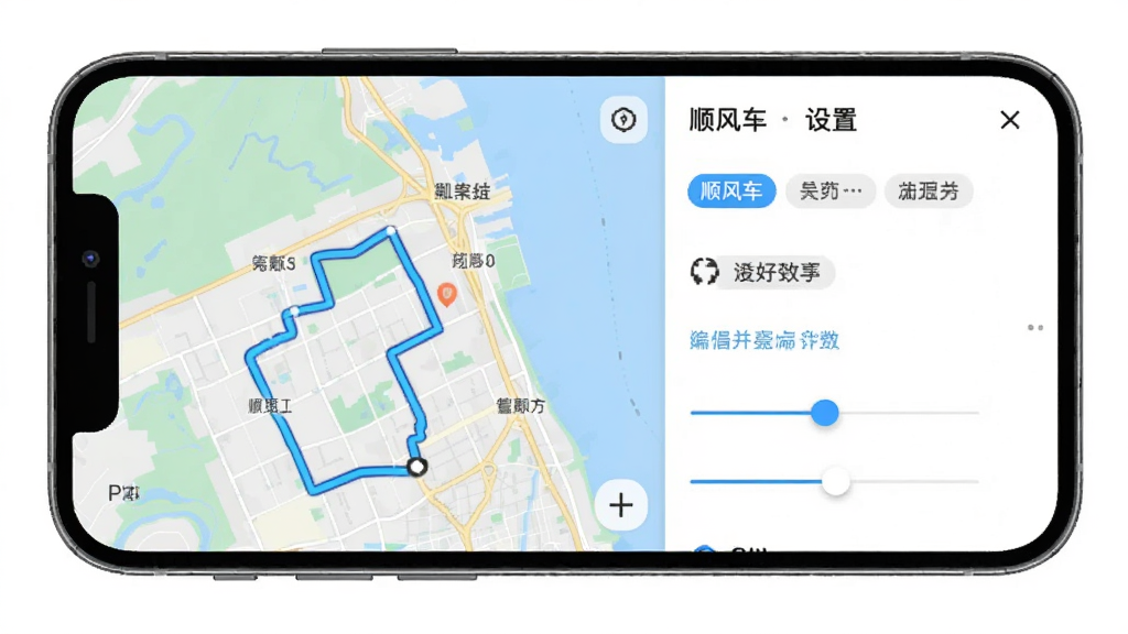 顺风车跑单助手路线偏好设置界面图,画面主体为手机屏幕显示地图与设置面板,布局为左图右设置栏,排版为分栏式布局,风格为清新简约风,细节包括地图路线高亮、偏好标签、滑块调节控件等,画质高清,干净,无多余元素