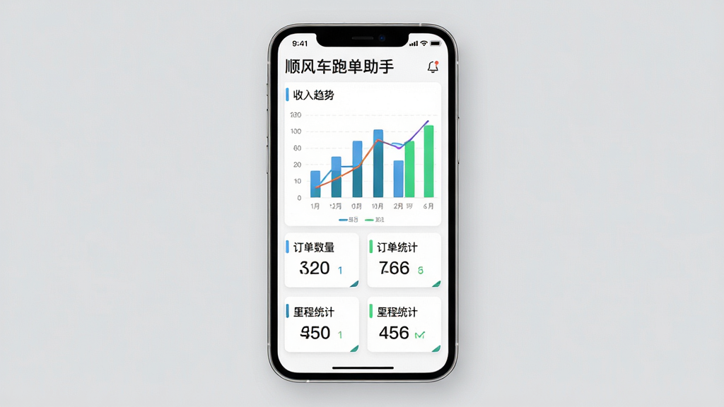 顺风车跑单助手数据统计面板展示图,画面主体为手机屏幕显示柱状图与折线图,布局为手机居中,背景为简洁灰色,排版为图表加数字卡片组合,风格为商务简约风,细节包括收入趋势线、订单数量柱、里程统计数字等,画质高清,干净,无多余元素