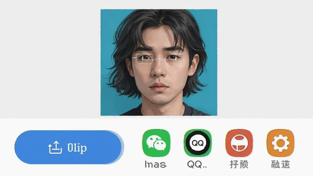 一张展示Combos导出分享功能的手机界面截图,画面中显示一张已完成编辑的头像作品,下方有导出按钮和分享到微信、QQ等平台的图标,界面设计简洁直观,背景为浅灰色,画质清晰,干净无多余元素