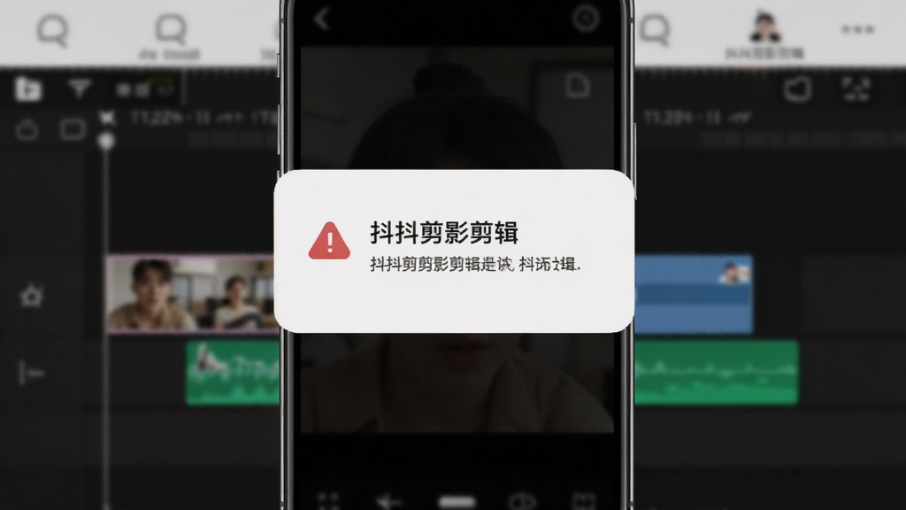 主体为手机屏幕显示视频剪辑错误提示弹窗,布局为居中弹窗,排版上弹窗内包含红色警告图标和文字说明,风格为简洁的移动端界面,细节包括背景虚化的剪辑时间轴,画质清晰,干净,无多余元素,图片中打文字“抖抖剪影剪辑”