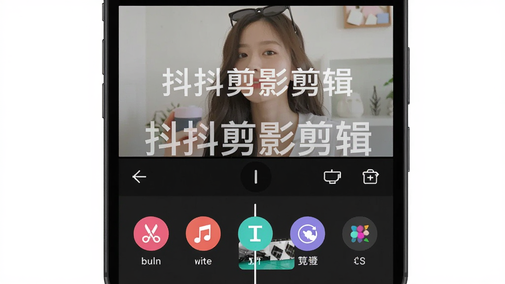 主体为手机视频剪辑应用主界面,布局为上下分栏,排版上方为预览窗口下方为功能菜单,风格为清新明亮的扁平化设计,细节包括剪刀、音乐、文字、滤镜等圆形图标,画质清晰,干净,无多余元素,图片中打文字“抖抖剪影剪辑”