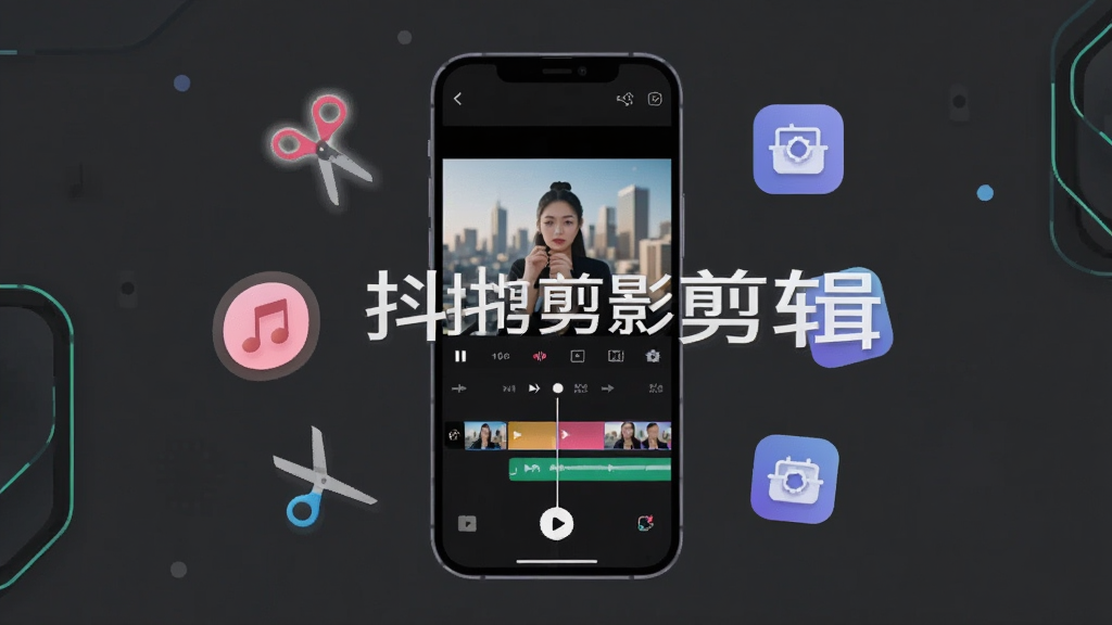 主体为一部智能手机屏幕,屏幕上显示视频剪辑时间轴和预览画面,布局为居中展示手机界面,手机周围漂浮着剪刀、音乐符号、滤镜图标等元素,排版简洁,风格为现代扁平化科技风,细节包括时间轴上的彩色片段块和播放按钮,画质清晰,干净,无多余元素,图片中打文字“抖抖剪影剪辑”
