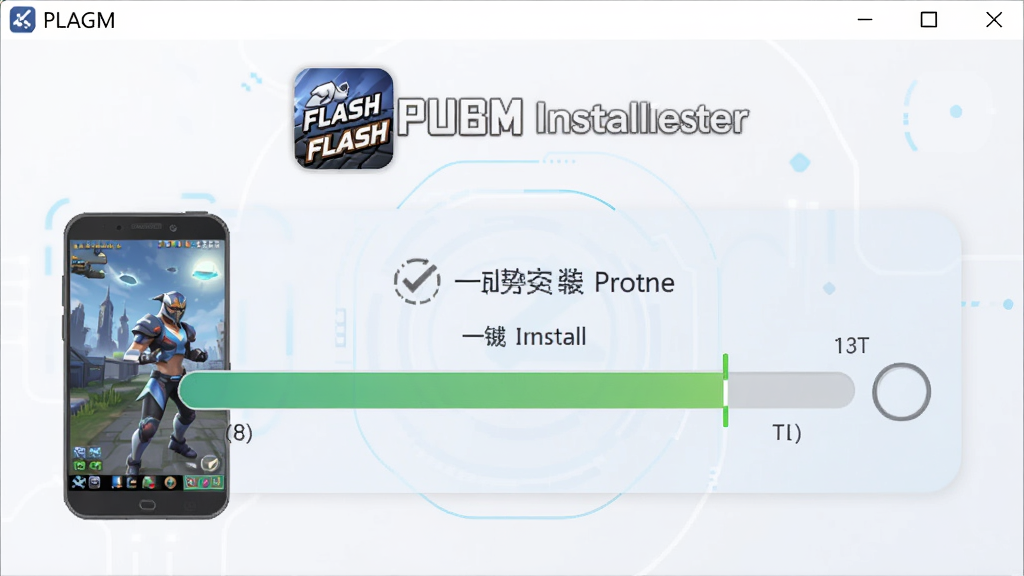 主体是PUBGM FLASH安装器软件界面展示,布局为居中构图,上方显示软件名称与图标,中部展示一键安装与进度条功能模块,排版简洁清晰,风格为科技感扁平化设计,细节包含手机设备与游戏安装进度元素,画质为高清4K,画面干净,无多余元素