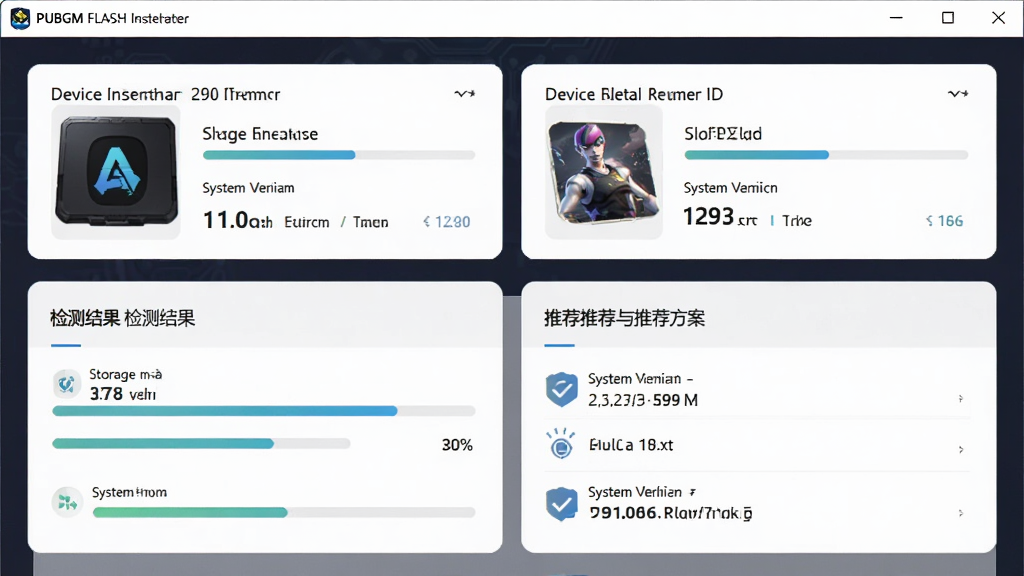 主体是PUBGM FLASH安装器智能检测界面,布局为上下结构,上方为设备信息卡片,下方为检测结果与推荐方案,排版工整,风格为现代简约科技风,细节包含存储空间进度条与系统版本标识,画质高清,画面干净,无多余元素