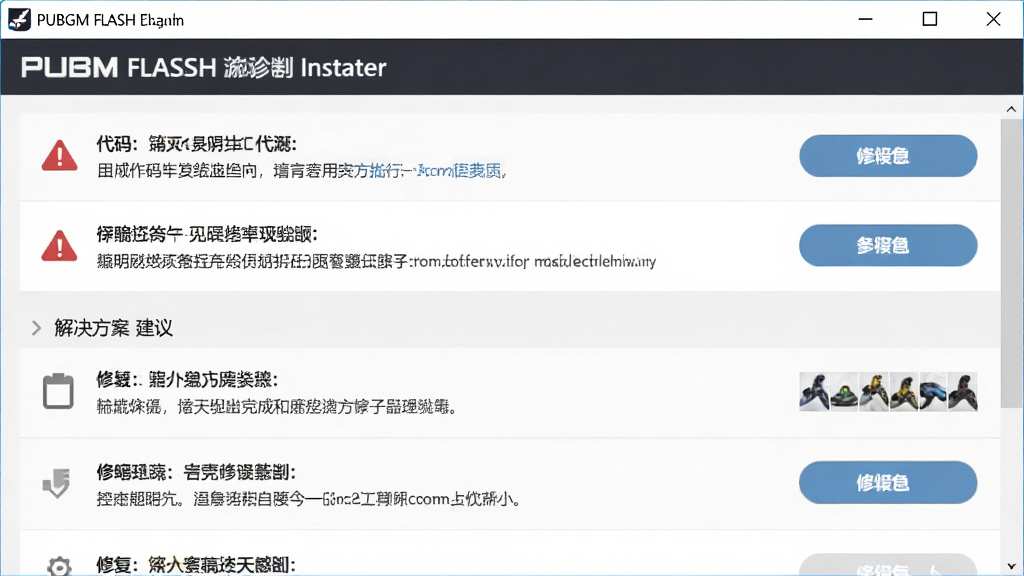 主体是PUBGM FLASH安装器错误诊断界面,布局为列表式结构,上方显示错误代码与简要说明,下方为解决方案建议,排版清晰,风格为浅色商务风,细节包含警告图标与修复按钮,画质高清,画面干净,无多余元素