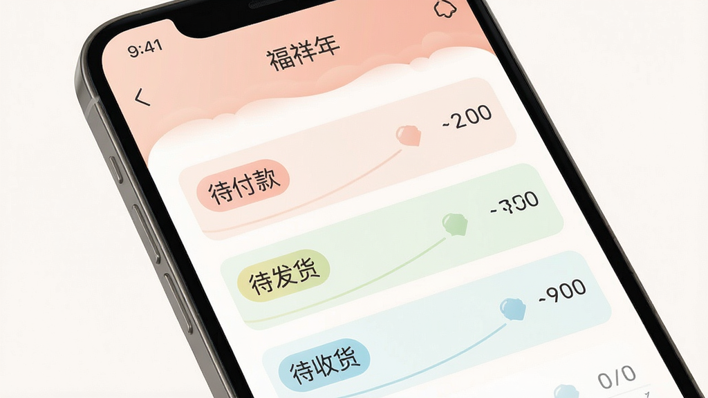 一张手机应用订单管理界面的展示图,屏幕中显示“福祥年”App的订单列表,包含待付款、待发货、待收货等状态标签,界面配色柔和,布局清晰,画质干净,无多余元素
