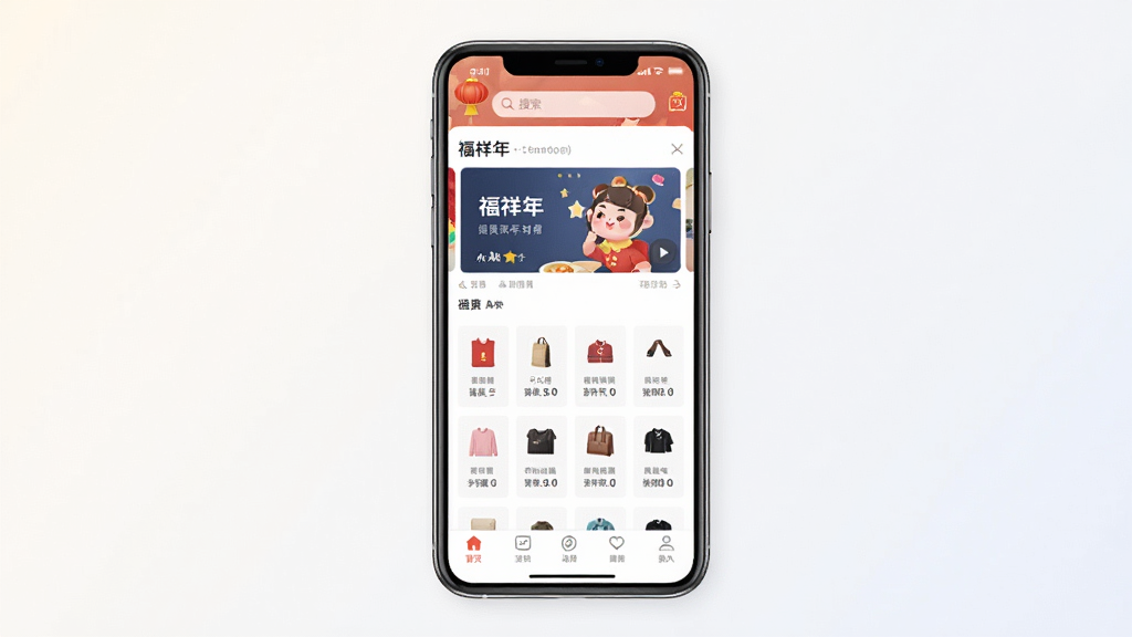 一张手机购物应用界面展示图,画面中央放置一部智能手机,屏幕显示“福祥年”App首页,页面顶部有搜索框和轮播图,中部为商品分类图标,底部为导航栏,背景为干净的浅色渐变,整体风格清新简约,画质清晰,无多余元素