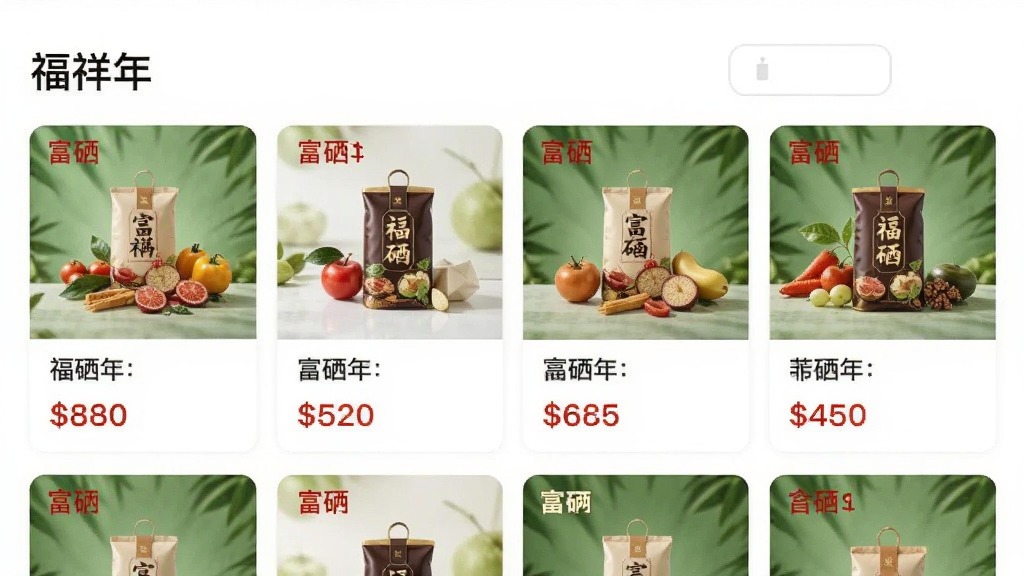 一张电商应用商品列表页面的截图风格图片,页面标题为“福祥年”,展示多款富硒产品卡片,每个卡片包含产品图、名称和价格,布局整齐,风格干净明亮,画质清晰,无多余元素