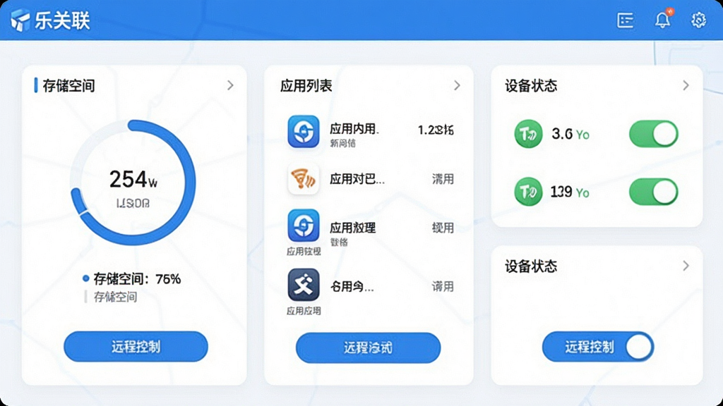 ��������Ϊ�ֹ���Զ���豸�������棬���ֲ��ÿ�Ƭʽ�Ǳ���չʾ�洢�ռ䡢Ӧ���б����豸״̬���Ű����������ơ��ֹ����������ڶ��������������Ϊ�Ƽ������ɫ��Լ����磬ϸ�ڰ������δ洢��������Ӧ��ͼ�ꡢԶ�̿��ƿ��ذ�ť������Ϊ���塢����ɾ����޶���Ԫ��
