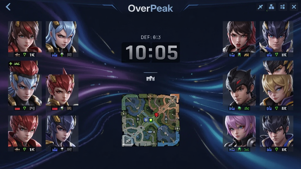 OverPeak��ս���ؽ��棬������ʾ˫��Ӣ�����ݣ��м��ǵ���ʱ�͵�ͼԤ����������̬��Ч��������������죬���ֶԳƣ����ʸ��壬ͼƬ�д���