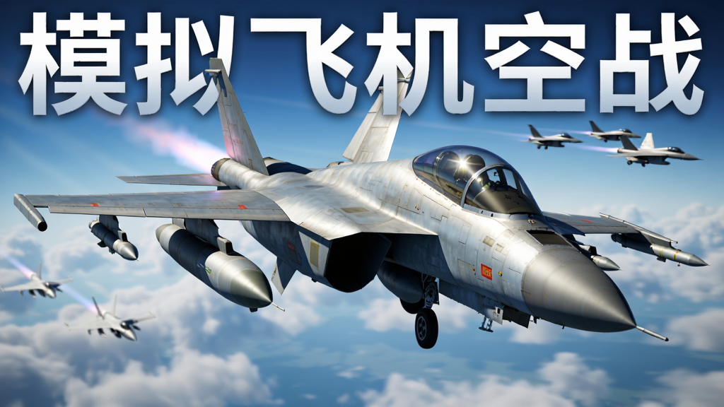 画面主体为一架现代喷气式战斗机在云层上方高速飞行,机翼下挂载导弹,背景是蔚蓝天空与远处敌机编队,布局采用中心构图突出战机主体,排版为横向宽幅游戏宣传图风格,细节包括机身金属反光、尾焰喷射效果、座舱盖反光,画面中可加入文字
