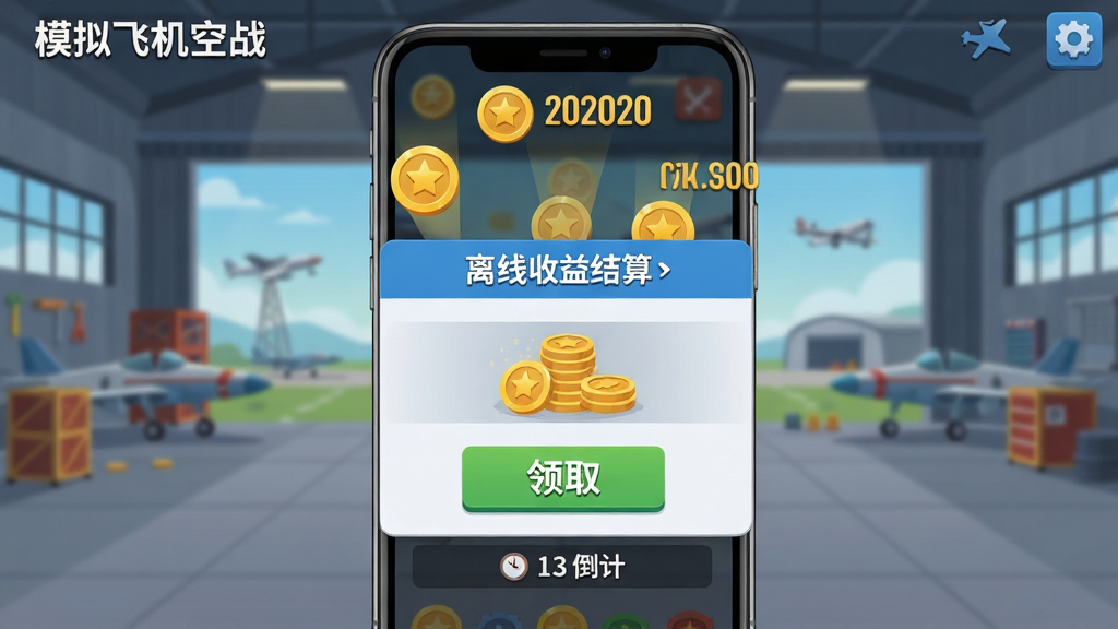 画面主体为手机屏幕显示离线收益结算弹窗,金币图标与数字飘浮在屏幕上方,背景为机库场景,布局采用居中弹窗构图,排版为手机游戏UI界面风格,细节包括领取按钮、金币堆叠动画、时间倒计时文字,画面中可加入文字