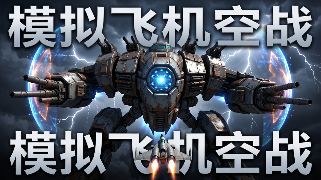 画面主体为一架巨型Boss战机占据画面中央,机身布满炮台与发光核心,玩家战机在下方渺小位置准备迎战,布局采用仰视视角突出Boss压迫感,排版为游戏Boss战宣传图风格,细节包括Boss装甲纹理、能量护盾、背景雷电云层、玩家战机尾焰,画面中可加入文字