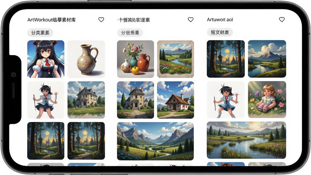 ArtWorkout临摹素材库界面,主体为手机屏幕显示网格排列的绘画素材缩略图,布局为三列网格展示各类绘画题材,排版为分类标签加瀑布流布局,风格为现代简约设计,细节包括动漫角色、静物、风景等缩略图、分类筛选按钮、收藏图标,画质高清干净无多余元素
