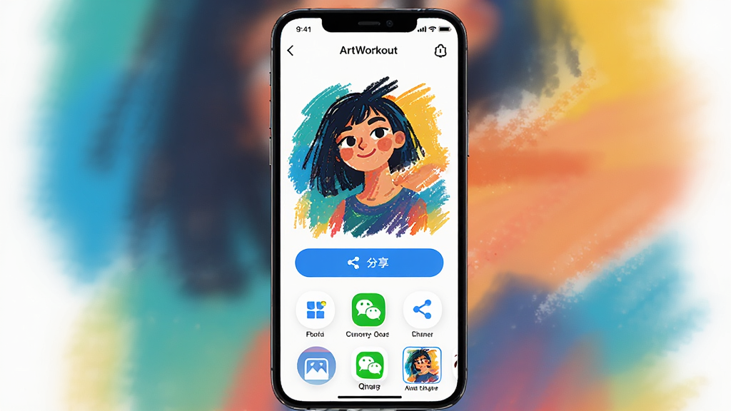 ArtWorkout作品保存与分享界面,主体为手机屏幕显示已完成绘画作品及分享按钮,布局为作品大图展示下方排列分享选项,排版为居中作品展示加底部操作栏,风格为明亮活泼的社交分享界面,细节包括保存到相册按钮、微信QQ分享图标、作品集缩略图,画质高清干净无多余元素