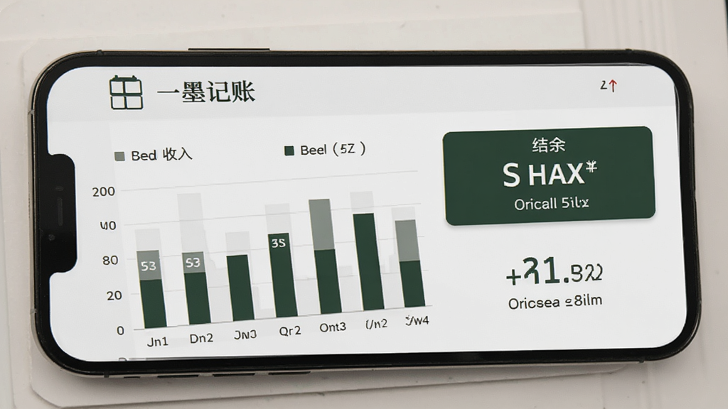 一墨记账月度统计页面,手机屏幕展示月度收入支出总览,包含柱状图与结余数字,界面采用浅灰与墨绿配色,布局清晰,顶部有“一墨记账”标识,画质清晰,无多余元素。