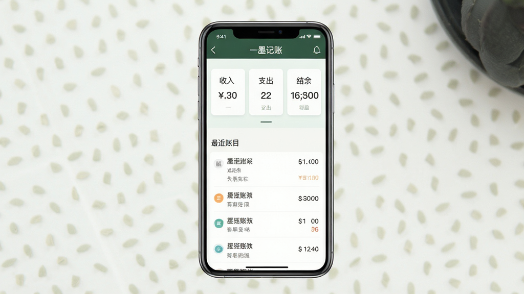 一墨记账软件主界面截图,画面中央展示手机屏幕,屏幕内为简洁的记账首页,包含收入、支出、结余三个数字卡片,下方有最近账目列表,整体采用浅色背景与墨绿色点缀,风格清新干净,画质清晰,无多余元素,软件名称“一墨记账”显示在顶部导航栏。
