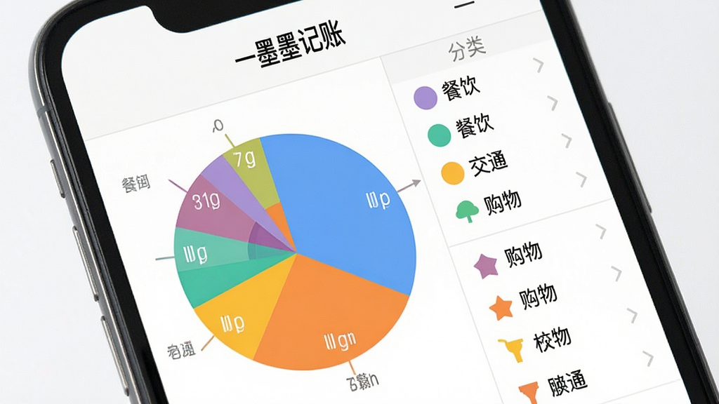 一墨记账账目分类统计图,手机屏幕显示饼状图与分类列表,不同颜色代表餐饮、交通、购物等类别,图表简洁清晰,背景为白色,顶部显示“一墨记账”字样,整体风格清爽,画质干净,无多余装饰。