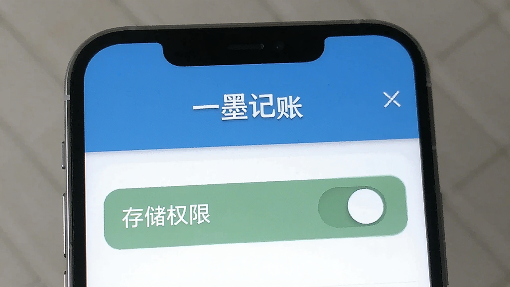 一墨记账安装权限设置示意图,手机屏幕显示应用权限管理页面,突出存储权限开关,界面简洁,带有“一墨记账”名称,风格清晰,画质干净,无多余元素。