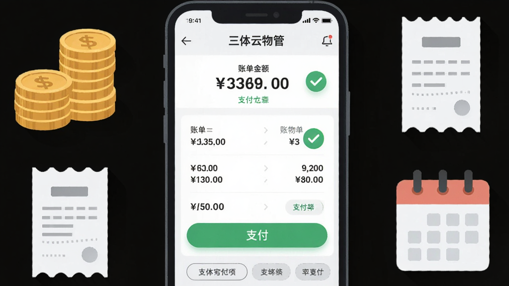 画面中心为手机屏幕显示“三体云物管”缴费页面,页面内有账单列表和支付按钮,手机两侧分别有硬币堆叠、电子收据和日历图标,布局为上下结构,上方为账单金额,下方为支付方式选项,风格为清新浅色扁平插画,细节包括清晰的数字金额、绿色支付成功标识、柔和阴影,画质高清,干净,无多余元素
