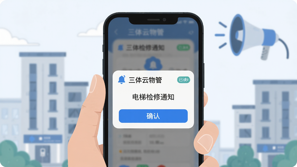 画面主体为一只手持手机,手机屏幕弹出“三体云物管”通知弹窗,弹窗内写有“电梯检修通知”,背景为社区楼宇和扩音喇叭图标,布局为居中构图,上方为通知标题,下方为确认按钮,风格为简约商务插画,细节包括铃铛图标、已读标记、蓝色主色调,画质清晰,干净,无多余元素