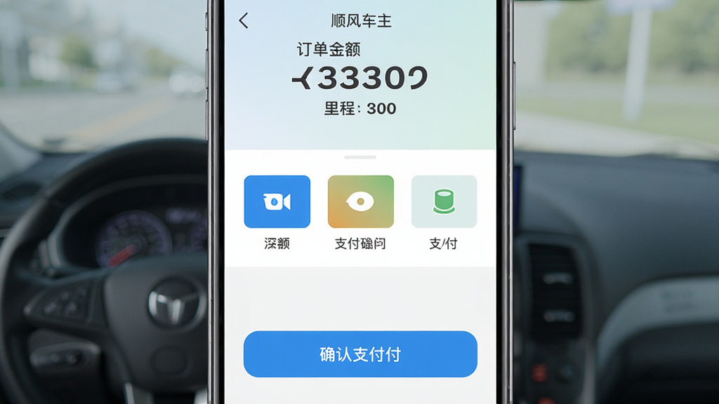 一幅展示顺风车主打车费用结算页面的手机截图,屏幕上方显示订单金额和里程数,中间有支付方式图标,下方是确认支付按钮,背景为浅色渐变,风格简约商务,细节清晰,画质高清,干净无多余元素。