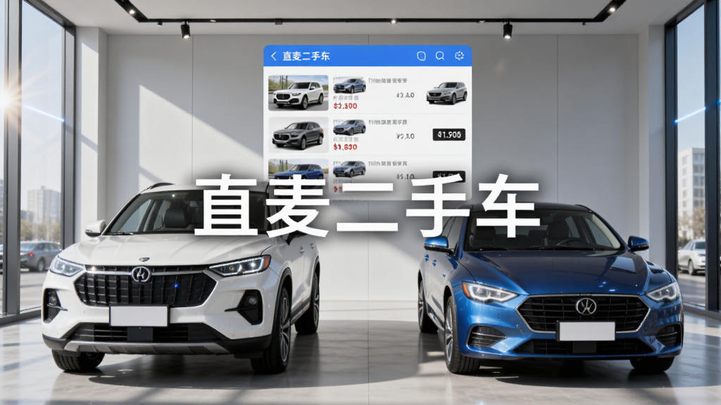 一辆白色SUV和一辆蓝色轿车并排停放在明亮的现代展厅中,直麦二手车应用界面悬浮在车辆上方,界面显示车辆列表和价格标签,背景是干净的浅灰色墙面和落地窗,阳光从侧面照射,整体风格简洁科技感,画面中央用大号字体写着