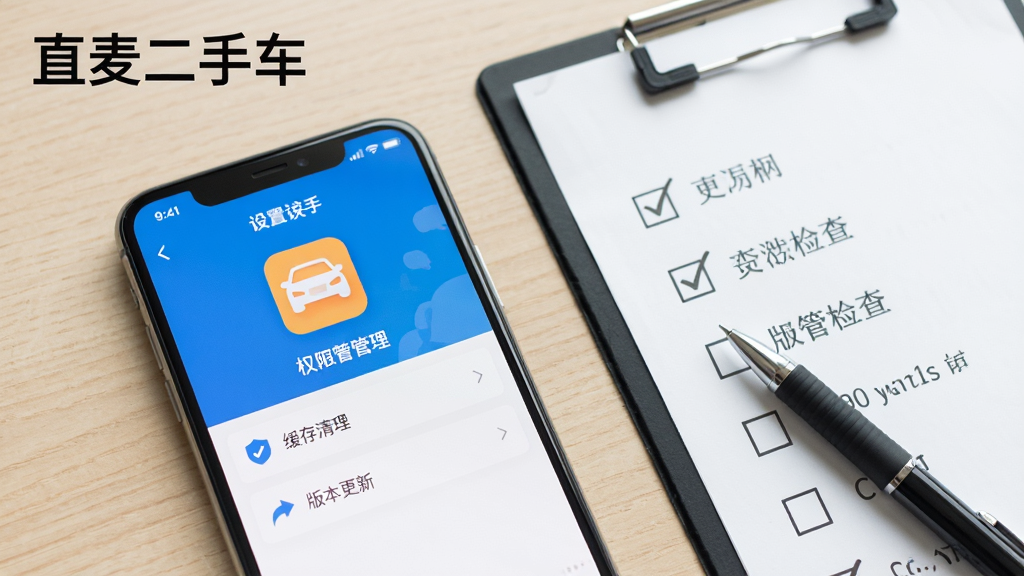 手机屏幕显示直麦二手车APP的设置页面,页面上有权限管理、缓存清理和版本更新选项,手机旁边有一张检查清单和一支笔,背景是浅木色桌面,画面左上角有