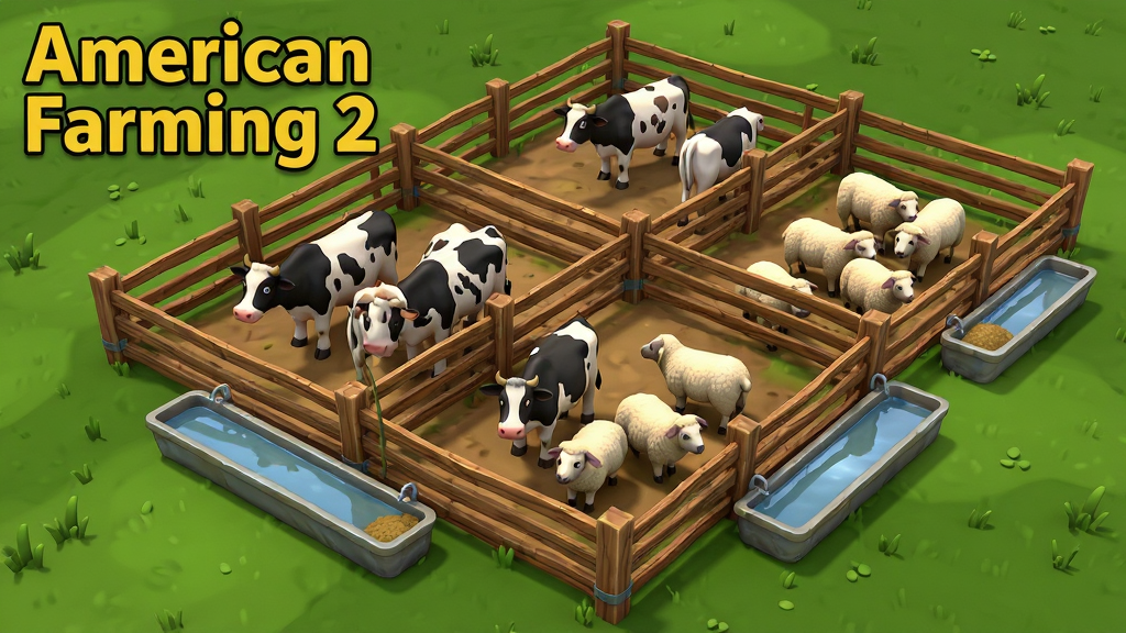 American Farming 2 ũ����ֳ�����ͼ��������ľ��Χ���ڵ���ţ����Ⱥ�����ֽ��������ڻ������룬��Χ����ɫ�ݵغ����ϲۣ��Ű��ڻ������Ͻ��û�ɫ�����ע American Farming 2�����Ϊ��ͨдʵ��Ϸ磬ϸ�ڰ�������ë���ʸС�ľդ��������ˮ�۷��⣬����2Kϸ�壬�ɾ��޶���Ԫ��
