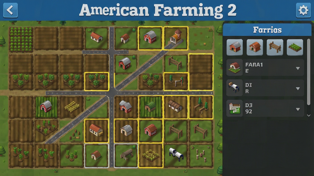 American Farming 2 ũ������滮���棬����������״ũ��͵�·�滮ͼ�����ֽ�����˵����ڻ����Ҳ࣬ũ�︩��ͼ������࣬�Ű��ڻ��涥������ɫ�����ע American Farming 2�����Ϊ������ϷUI���ϸ�ڰ�������ͼ�ꡢ��·�����ߡ��ؿ�����߿򣬻����������ɾ��޶���Ԫ��