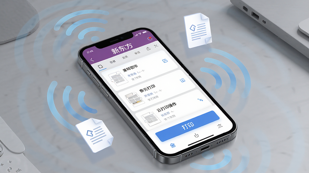 一张展示新东方打印软件界面的图片,主体为一部智能手机,屏幕上显示着新东方打印APP的云打印操作界面,布局清晰,包含文档列表和打印按钮,排版简洁,风格为现代科技感,细节包括手机周围的无线信号波纹和悬浮的文档图标,画质高清,干净,无多余元素