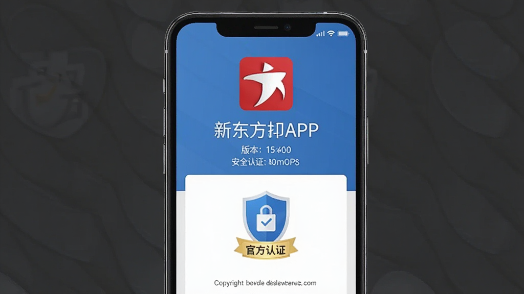 一张展示新东方打印APP安全认证和官方标志的图片,主体为手机屏幕显示软件关于页面,布局为顶部是软件Logo,下方是版本信息和官方认证标识,排版简洁,风格为官方正式风,细节包括盾牌安全图标和版权文字,画质高清,干净,无多余元素