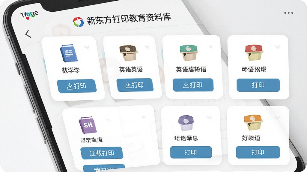 一张新东方打印教育资料库的界面截图,主体为手机屏幕展示着分类清晰的学习资料列表,布局采用卡片式设计,排版整齐,风格为清新教育风,细节包括数学、英语等科目图标和下载打印按钮,画质高清,干净,无多余元素