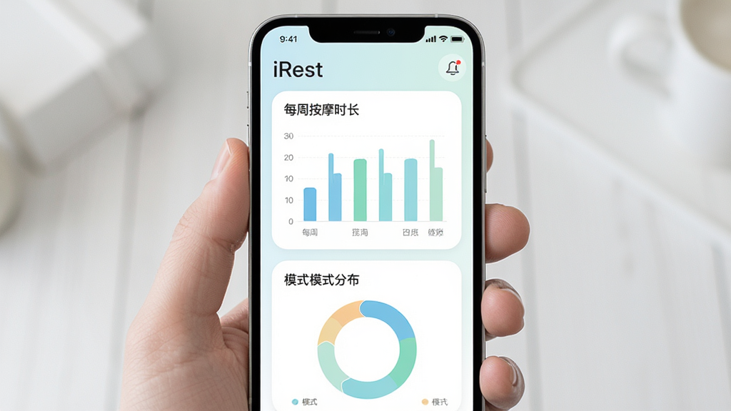 iRest云健康数据统计页面,手机屏幕显示柱状图与环形图,展示每周按摩时长和模式分布,界面采用柔和圆角卡片设计,配色清新浅色,布局整齐,风格清爽素雅,细节清晰,画质干净,无多余元素