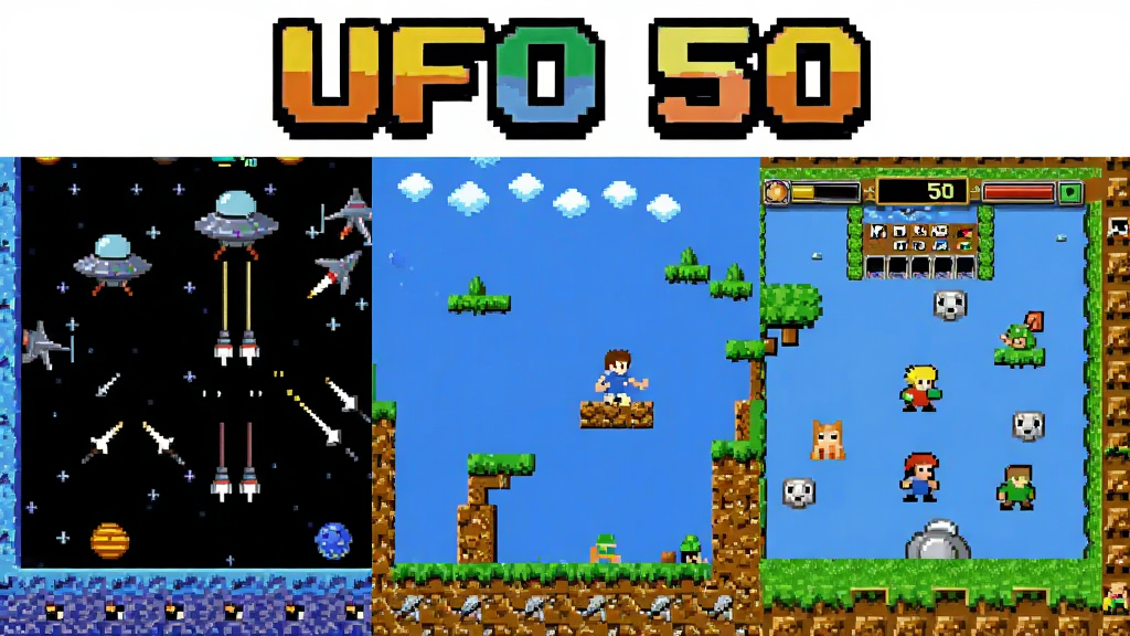 һ�� UFO 50 ��Ϸ�ڶ�ͬ�淨��Ϸͬʱ���е�ƴ��ͼ�����������չʾ���ط���̫�������Ϸ���Ҳ�չʾ���Ž�ɫ������Ϸ���棬�м䴩��ƽ̨��Ծ��Ϸ���棬������ 