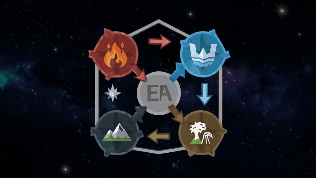 Legend of Elements Ԫ�ؿ��ƹ�ϵͼ������Ϊ������Ԫ�����̣�����Ϊ���ĶԳ���ƣ��Ű潫��ˮ�����ⰵ����ͼ����ȷֲ��������θ����㣬���Ϊ��ƽ����Ϣͼ���ϸ�ڰ���ÿ��Ԫ��ͼ���Ա�ע���Ƽ�ͷ���򡢱���Ϊ��ɫ�ǿ����������ʸ��塢�ɾ����޶���Ԫ��