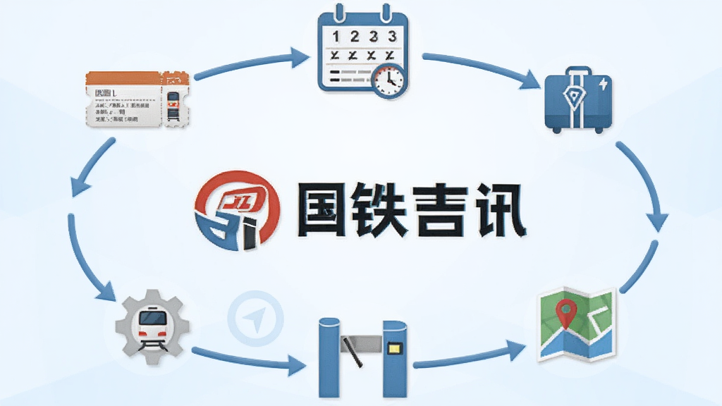 一张信息图风格的插画,画面中心是“国铁吉讯”的Logo,周围环绕着车票图标、时刻表图标、检票口图标和地图导航图标,这些图标通过流畅的线条连接,形成一个完整的闭环。背景是淡蓝色的渐变,风格简洁商务,画质清晰,干净无多余元素。