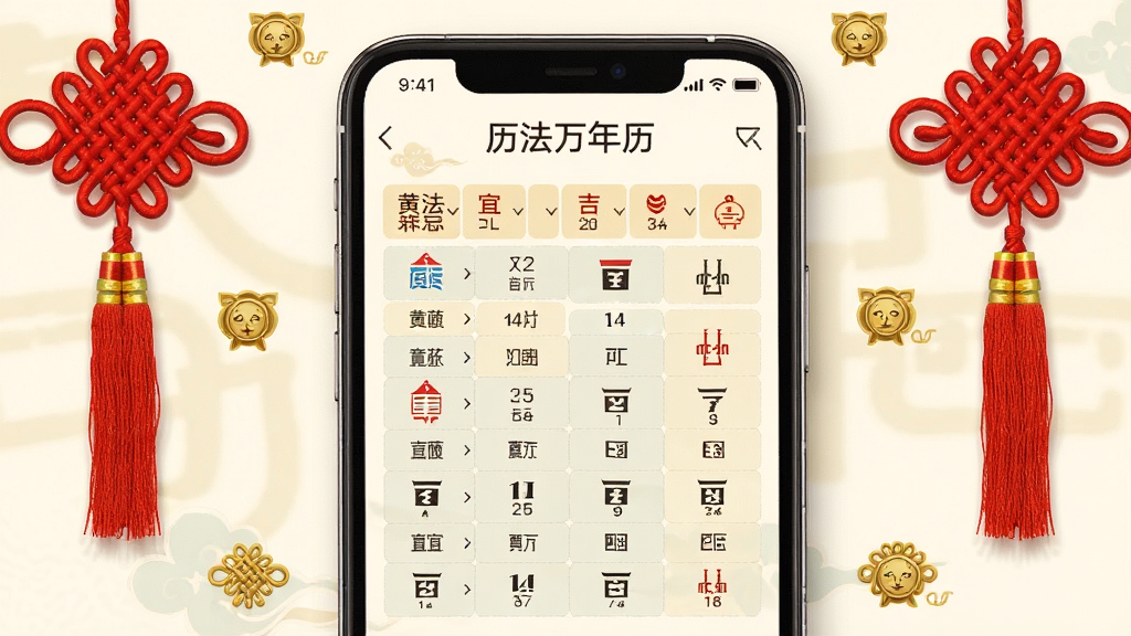 手机屏幕显示“历法万年历”黄历宜忌页面,画面中有宜忌列表与吉凶标识,背景为米白色,周围点缀红色吉祥结与金色小图标,整体布局整齐,风格传统与现代结合,细节清晰,画质干净,无多余元素