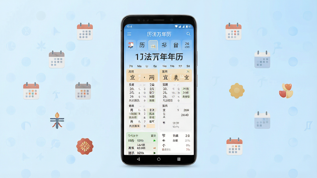 一张干净明亮的手机日历应用界面展示图,画面中央放置一部竖屏安卓手机,手机屏幕显示“历法万年历”主界面,包含公历日期、农历日期、宜忌信息、节气提示,背景为浅蓝渐变,周围点缀简约日历图标与节气符号,整体布局居中对称,风格清爽现代,细节清晰,画质干净,无多余元素