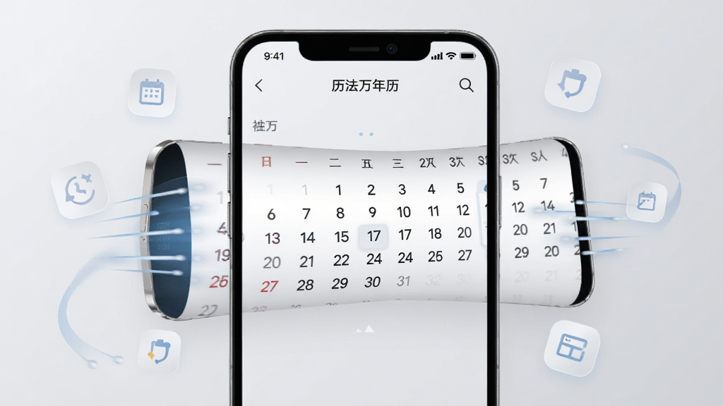 手机展示“历法万年历”运行界面,屏幕显示流畅的日历滑动效果,背景为浅灰色,周围漂浮轻量图标与速度线条,整体风格简洁科技感,布局居中,细节清晰,画质干净,无多余元素