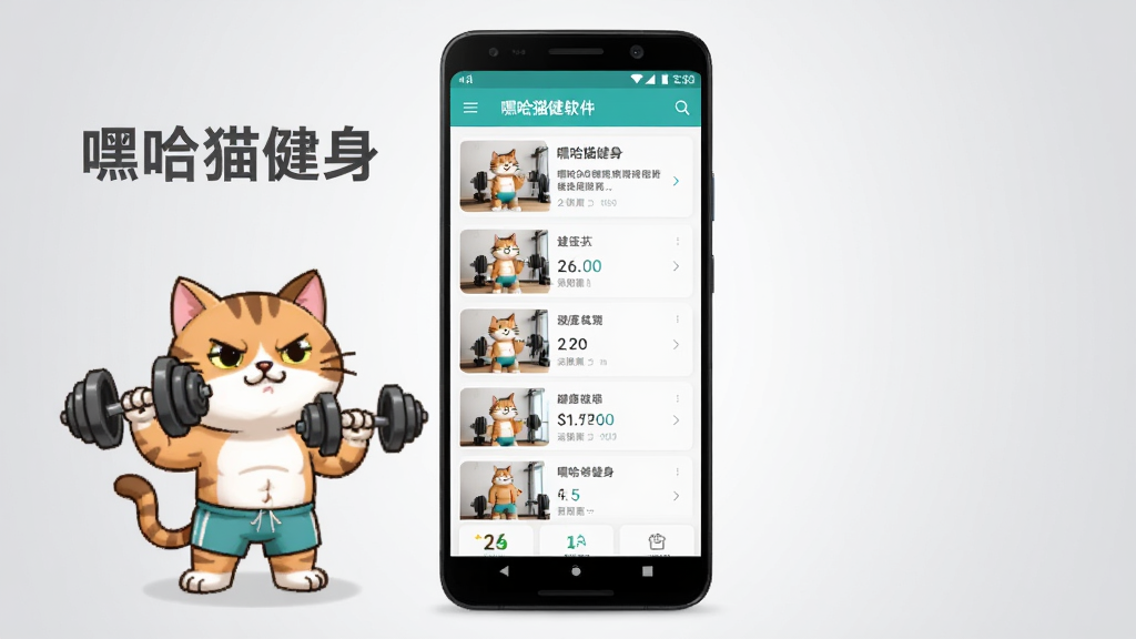 嘿哈猫健身软件主界面展示,画面中央放置一部安卓手机,手机屏幕显示健身课程列表与运动数据面板,背景为浅灰色渐变,左侧点缀一只卡通猫咪举哑铃的形象,整体风格清爽简洁,包含文字“嘿哈猫健身”,高清画质,干净无多余元素