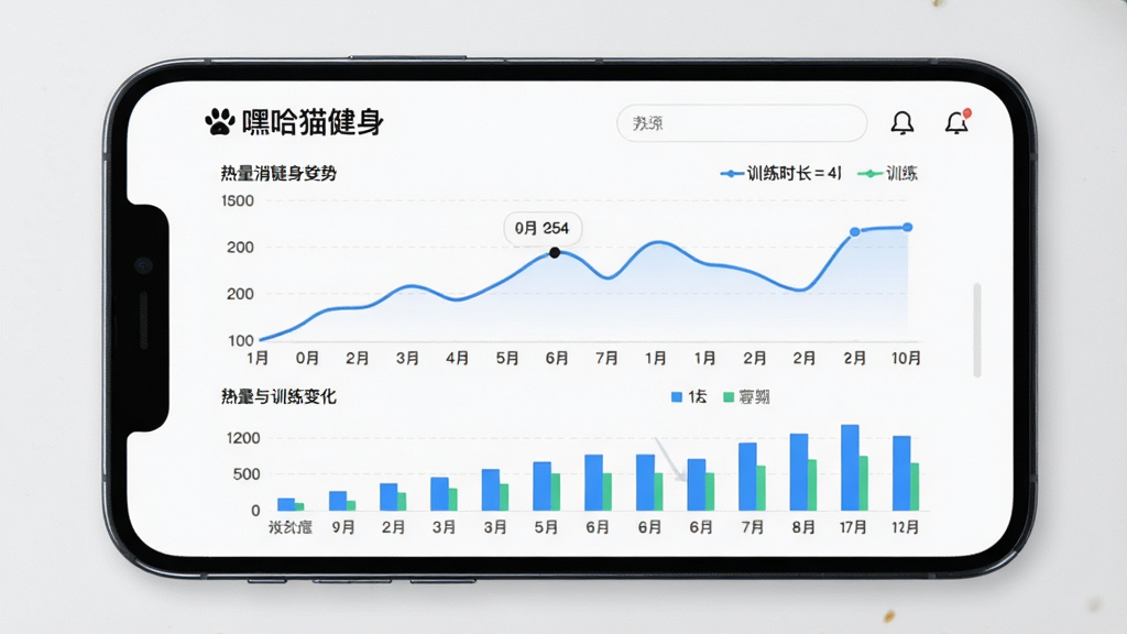 嘿哈猫健身体数据趋势分析界面,手机屏幕显示折线图与柱状图组合,展示热量消耗与训练时长变化,背景为白色简洁风格,包含文字“嘿哈猫健身”,高清画质,图表清晰,无多余元素