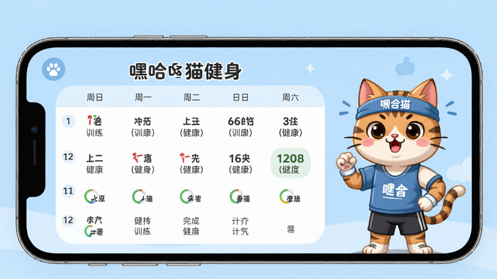 嘿哈猫健身智能训练计划界面,手机屏幕显示一周训练日历与完成进度圆环,背景为淡蓝色,画面中融入卡通猫咪教练形象,风格清新明快,包含文字“嘿哈猫健身”,高清画质,布局整齐,无多余元素