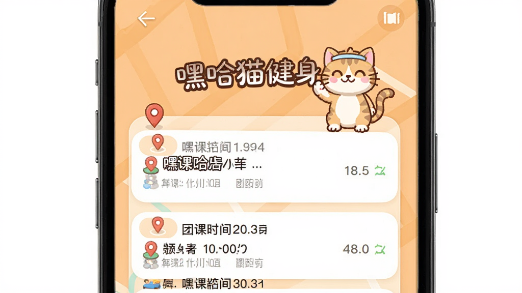 嘿哈猫健身门店预约界面,手机屏幕显示附近健身房列表与团课时间表,背景为浅橙色,画面中包含地图定位图标与卡通猫咪形象,包含文字“嘿哈猫健身”,高清画质,排版清晰,无多余元素