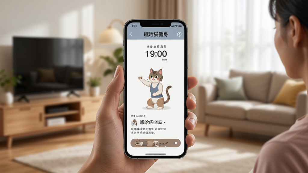 嘿哈猫健身移动端使用场景图,画面展示用户手持手机在客厅跟练,手机屏幕显示训练倒计时与动作提示,背景为居家环境,包含文字“嘿哈猫健身”,高清画质,光线柔和,无多余元素