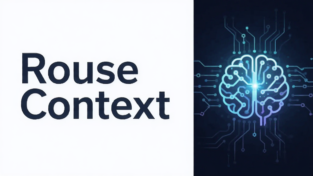 一张 Rouse Context 软件功能展示图,主体是软件名称“Rouse Context”文字与一个发光的智能大脑图标。布局采用左右分栏,左侧为文字,右侧为图标。排版简洁,风格为扁平化科技风,细节包含数据流动的线条。画质清晰,干净,无多余元素。