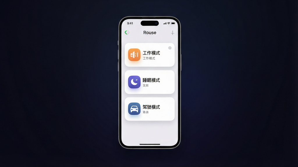 一张展示 Rouse Context 软件界面的图片,主体是一个手机屏幕,屏幕上显示着情境感知状态卡片,包含“工作模式”“睡眠模式”“驾驶模式”的图标。布局采用居中构图,手机悬浮在深色渐变背景中央。排版清晰,风格为现代科技感 UI 设计,细节包含柔和的阴影和圆角图标。画质高清,干净,无多余元素。