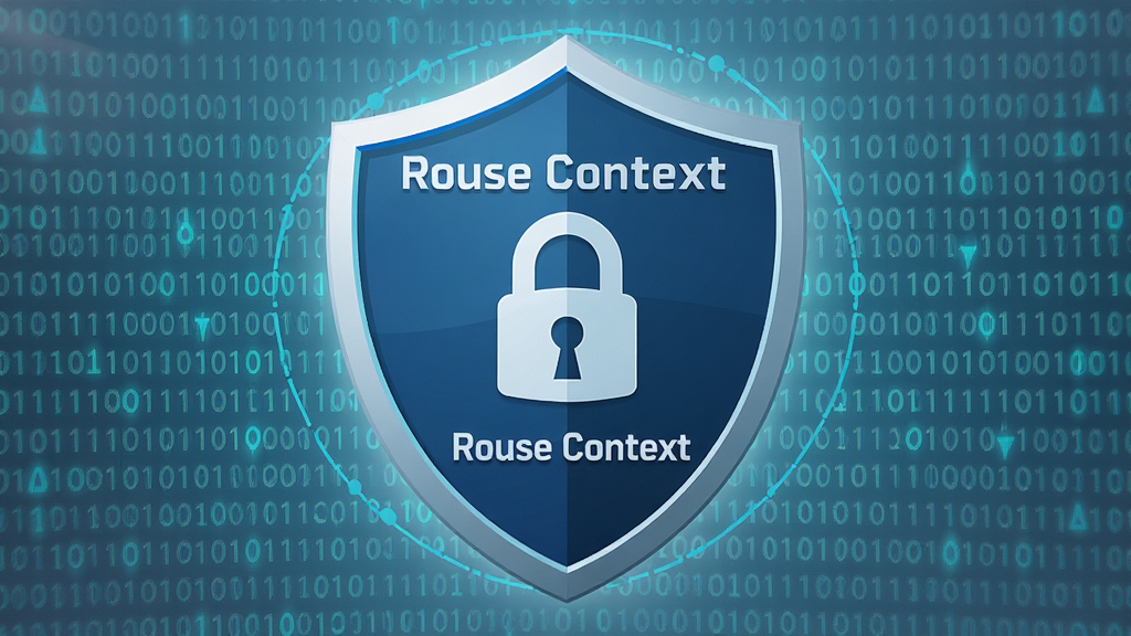 一张 Rouse Context 软件隐私安全盾牌概念图,主体是软件名称“Rouse Context”与一个锁形图标。布局为盾牌居中,排版对称,风格为安全可信风,细节包含二进制代码背景。画质高清,干净,无多余元素。