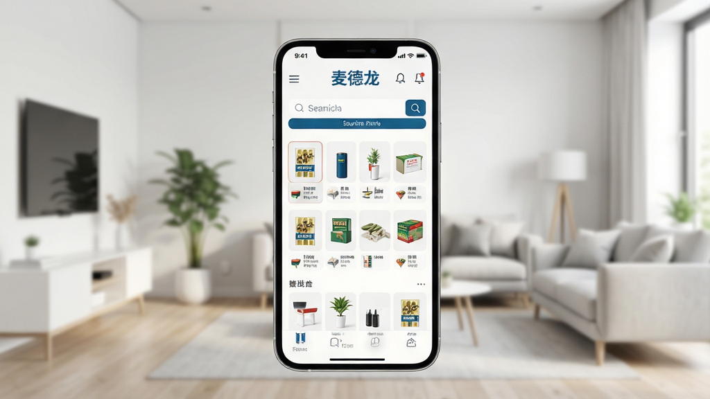 一张展示智能手机屏幕的图片,屏幕中显示着“麦德龙”APP的首页界面,界面中有清晰的商品分类图标和搜索栏,背景是简洁的现代家居环境,画面风格清新明亮,细节清晰,画质为超高清,干净无多余元素